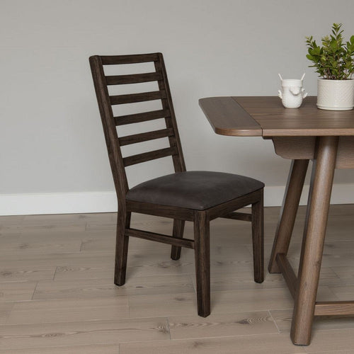 Eray Dining Side Chair Set of 2, Ladderback, Teak, Black Faux Leather