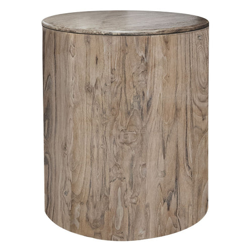 Eray Chairside Table | Drum Shape, Light Brown Teak, Mango Wood, 18"
