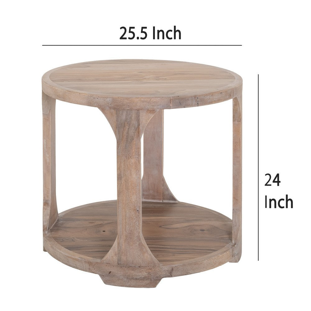 Eray Side End Table Bottom Shelf 26 Inch Round Open Frame Brown Teak BM334321