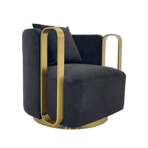 Boko Accent Swivel Club Chair, Black Velvet Fabric, Matte Gold Metal