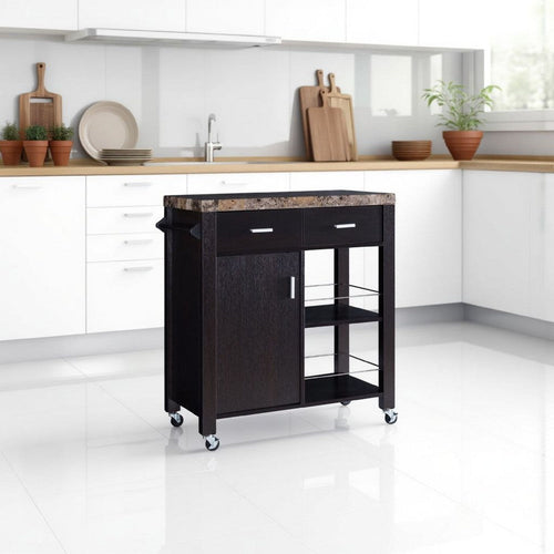 36 Inch Rolling Kitchen Bar Cart Island w Drawers, Shelves, Brown Wood