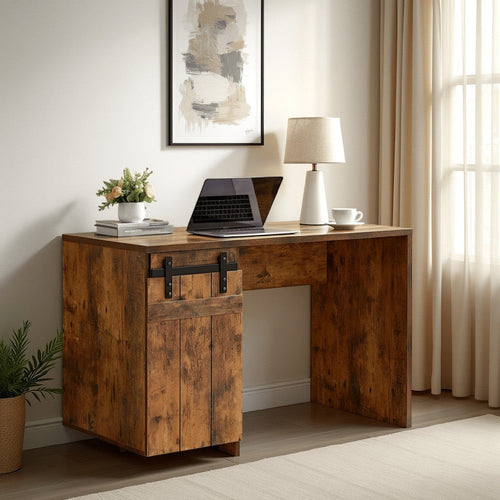 Fior Home Writing Desk | 47" | Distressed Brown Wood | Faux Barn Door