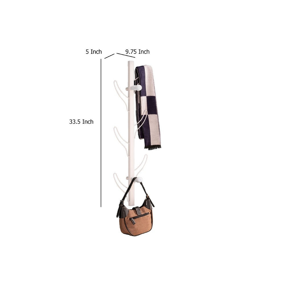 34 Inch Zubo Coat and Hat Rack w 6 Hooks Wall Mount White Metal