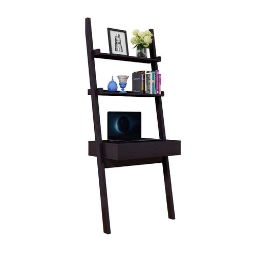 Tall Desk with Ladder Shelves | 1 Drawer 2 Shelves | 72" | Brown Wood