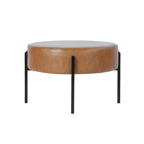 Joe Round Ottoman Footstool | Black Metal | Brown Faux Leather 28"