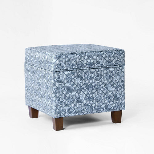 Pyp Square Storage Ottoman | 18" Indigo Blue Print | Walnut Brown