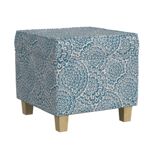 Pyp Square Storage Ottoman | 18" Blue Ivory Floral Fabric | Brown