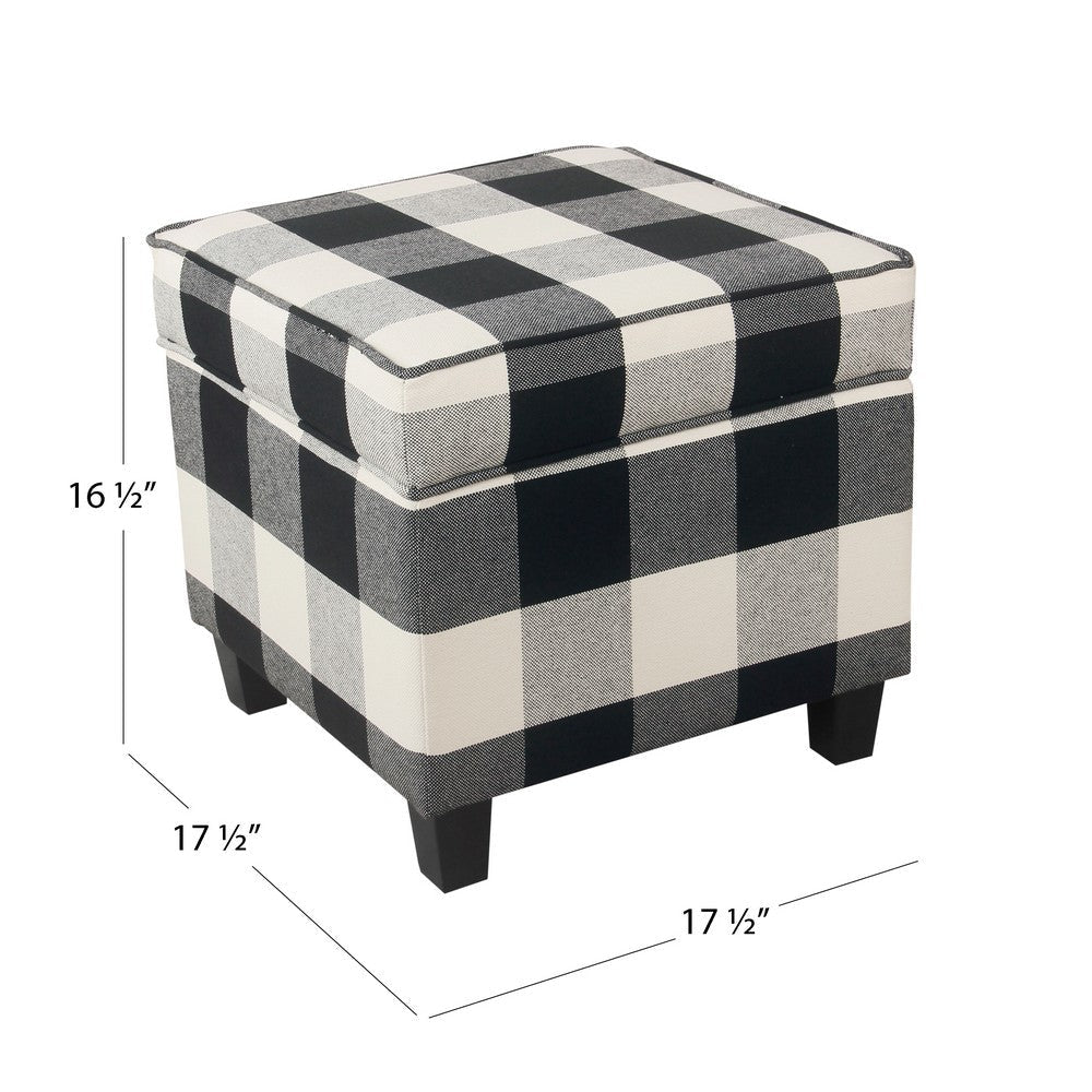 Pyp Square Storage Ottoman | 18’’ Black Plaid Cotton | Ebony Legs