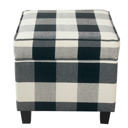 Pyp Square Storage Ottoman | 18" Black Plaid Cotton | Ebony Legs