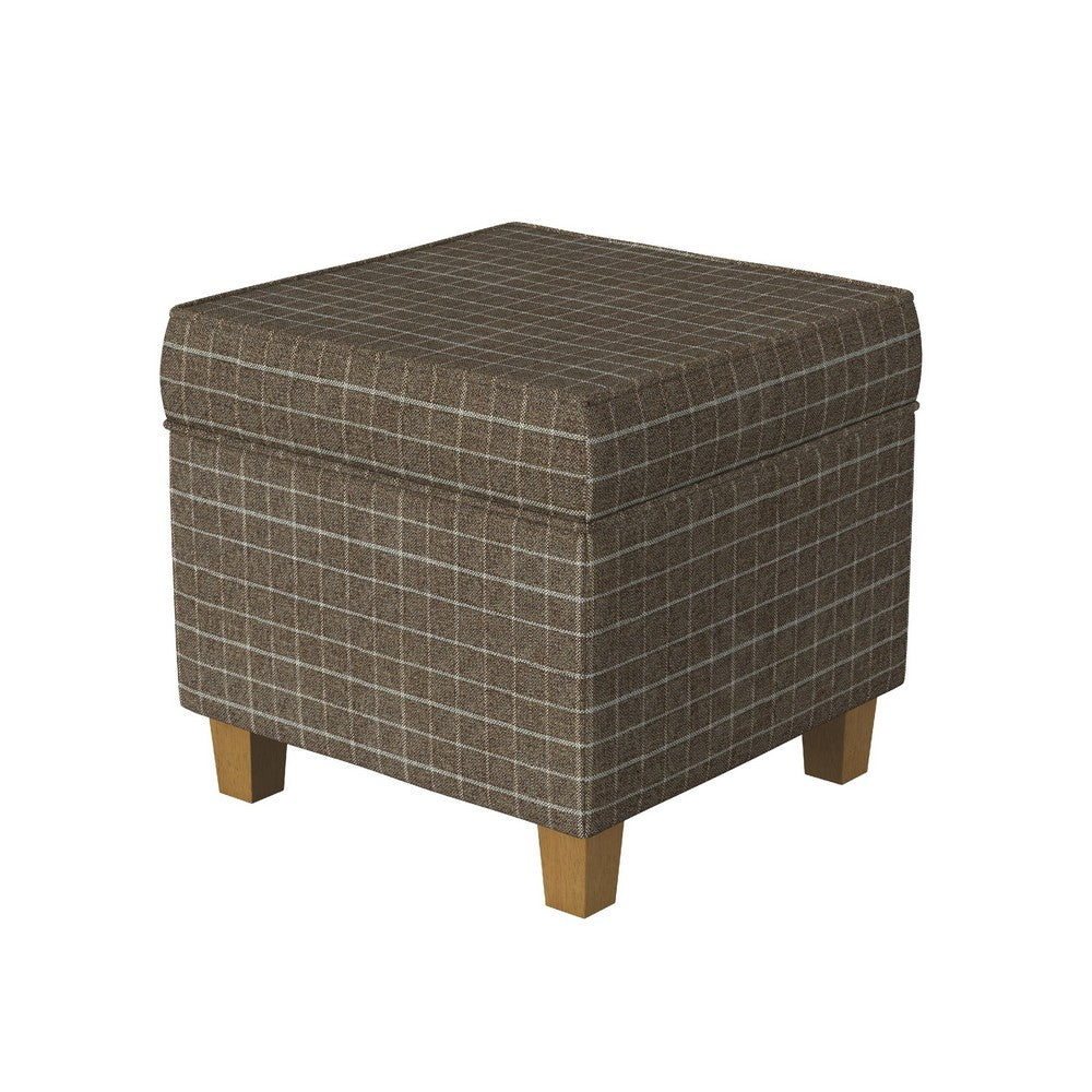 Pyp Square Storage Ottoman | 18" Brown Windowpane Fabric | Wood Legs