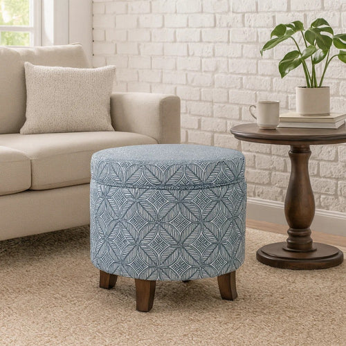 Loni Round Storage Ottoman | 19" Indigo Blue Pattern | Walnut Brown