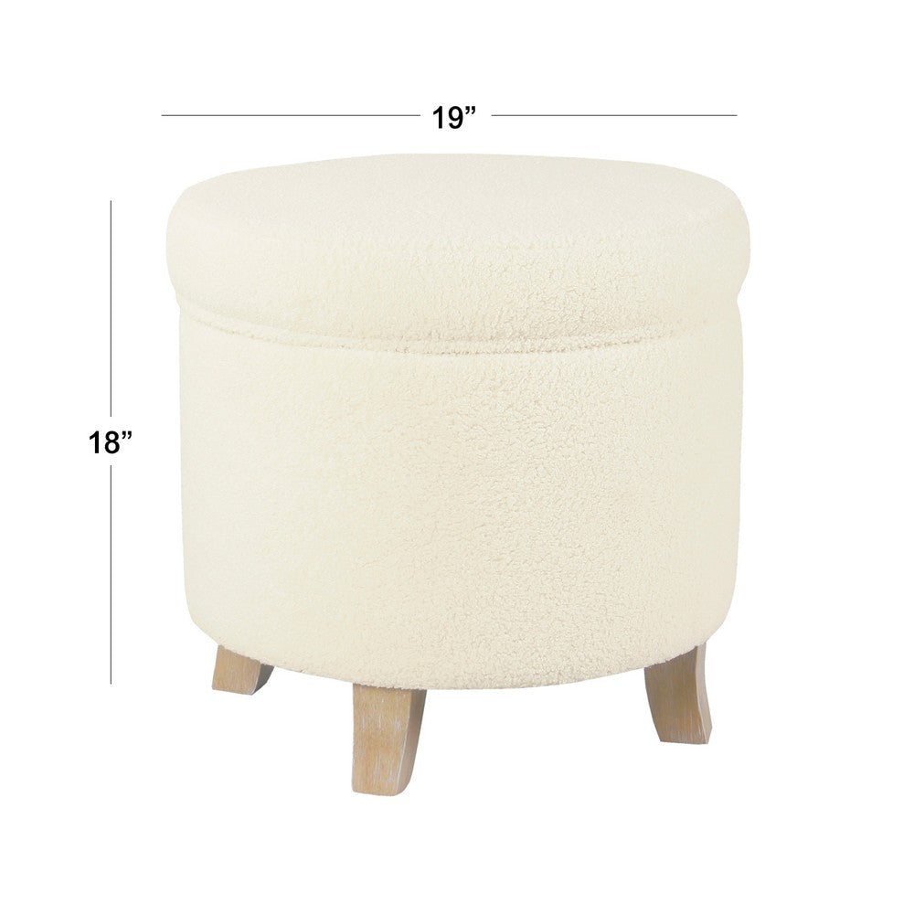 Loni Round Storage Ottoman | 19’’ Beige Faux Sheepskin | Wood Legs BM334443