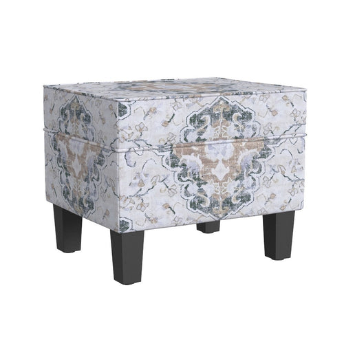 Ishi Accent Storage Ottoman | 22" White Blue Print, Black Legs