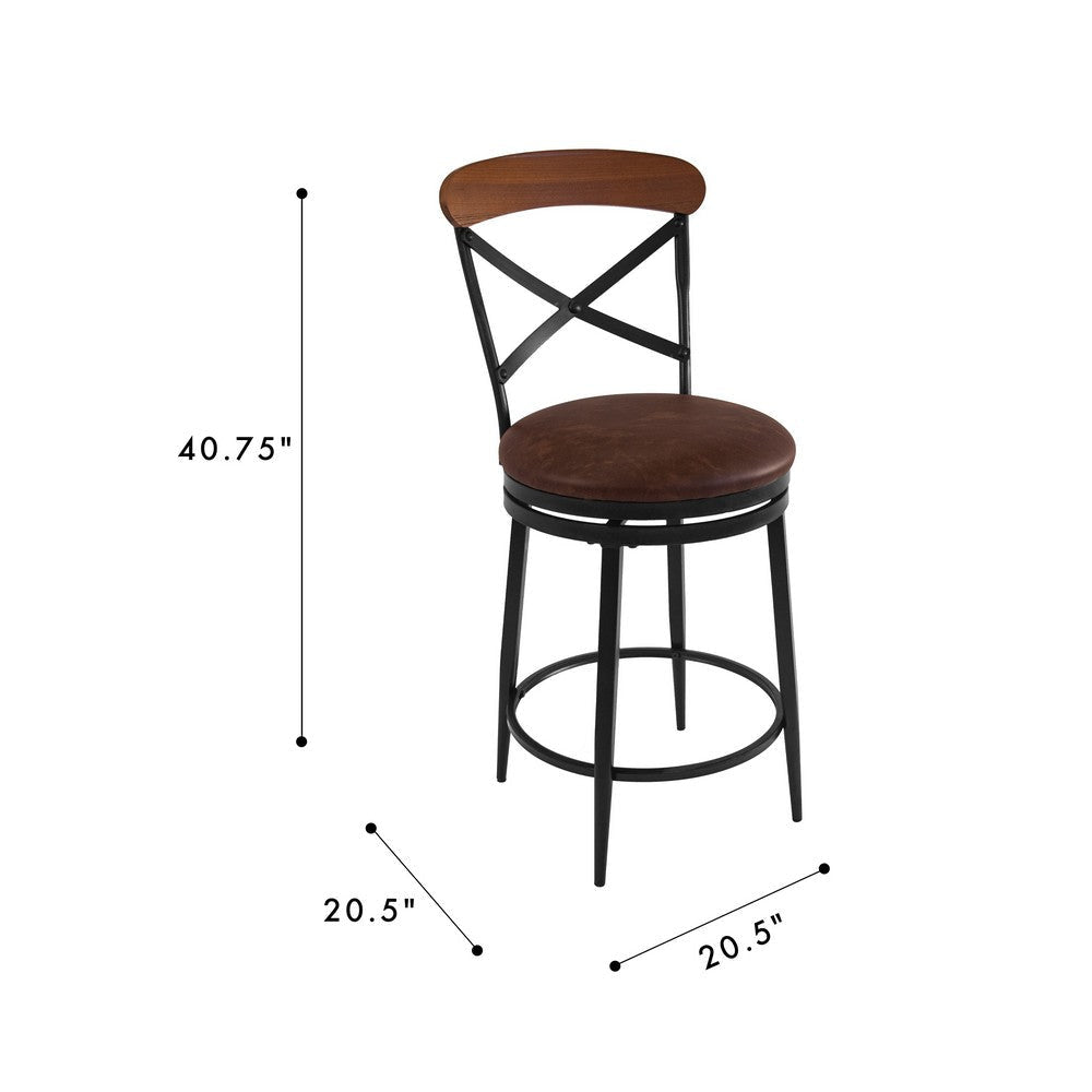 Swivel Counter Stool Chair | Industrial Black Metal Brown Faux Leather BM334453