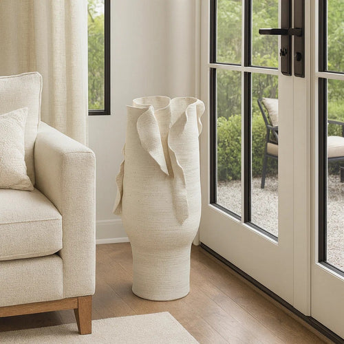 Tio Modern Vessel Vase| Open Flowing Petal Folds | White Porcelain 19"