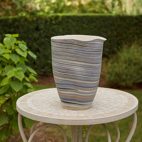 Kerya Decorative Vase | 13" White Blue Striped | Wavy Rim Porcelain