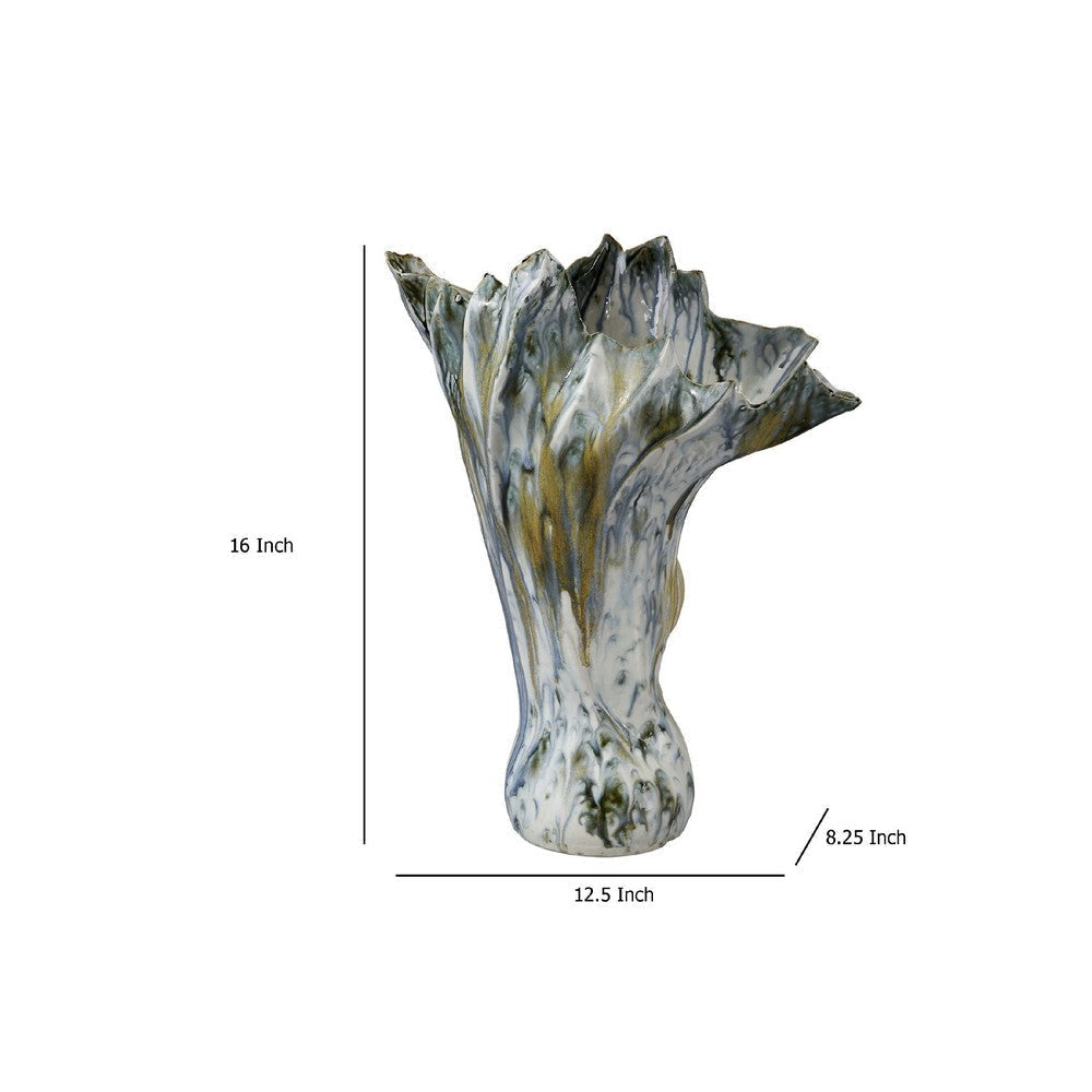 Tery Decorative Vase | 16’’ Glossy Blue White Ceramic | Wavy Fishtail BM334527