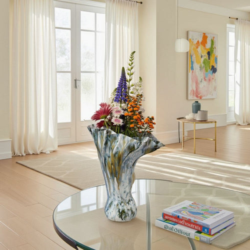 Tery Decorative Vase | 16" Glossy Blue White Ceramic | Wavy Fishtail