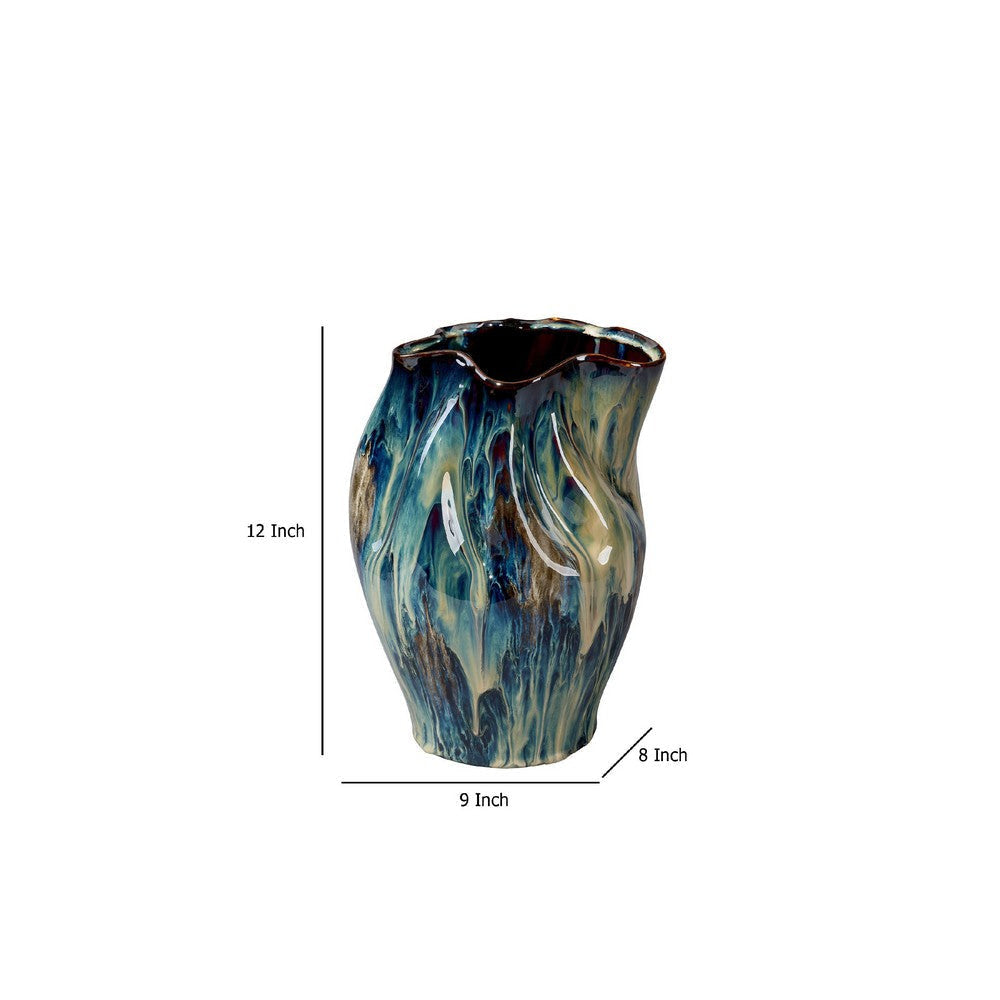 Fera Decorative Flower Vase | Ruffled Edge | 12’’ Shiny Blue Ceramic