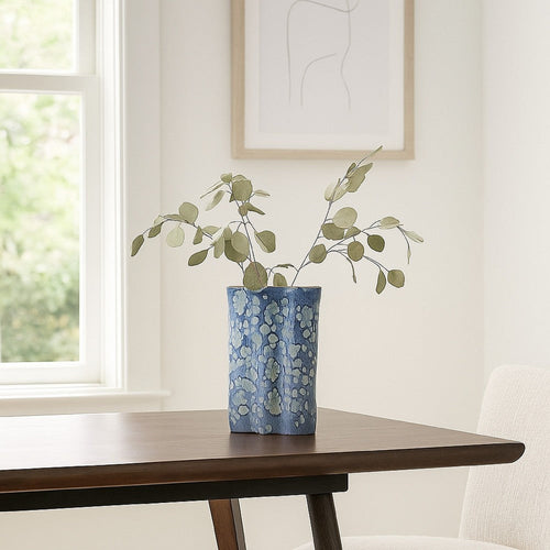 Gipo Decorative Flower Vase | Ruffled Body | 16" Blue White Ceramic