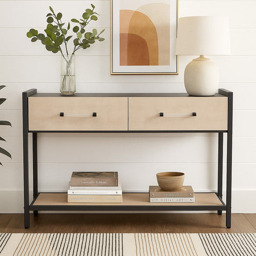 Caz Sofa Console Table | 2 Drawers | Black Frame | Faux Leather | 48"