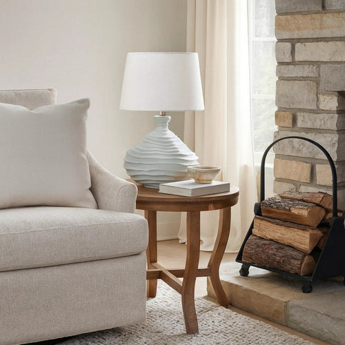 Ozy Accent Table Lamp | Linen Shade | Light Blue Turned Ceramic 23"