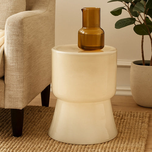 Hery Garden Side Table Stool | Hourglass Glossy Ivory Soda Lime Glass