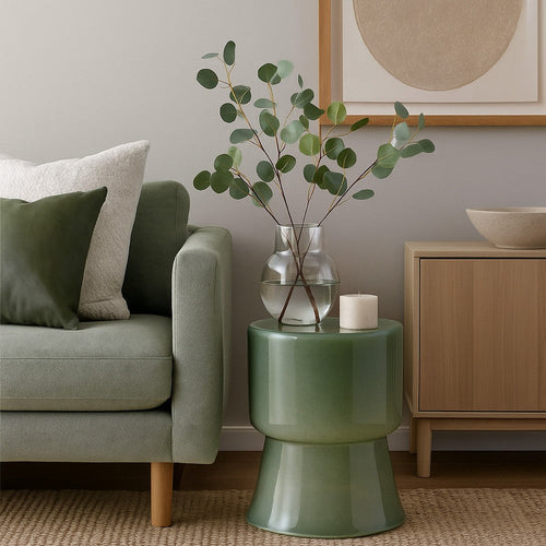 Hery Garden Side Table Stool | Hourglass Glossy Green Soda Lime Glass