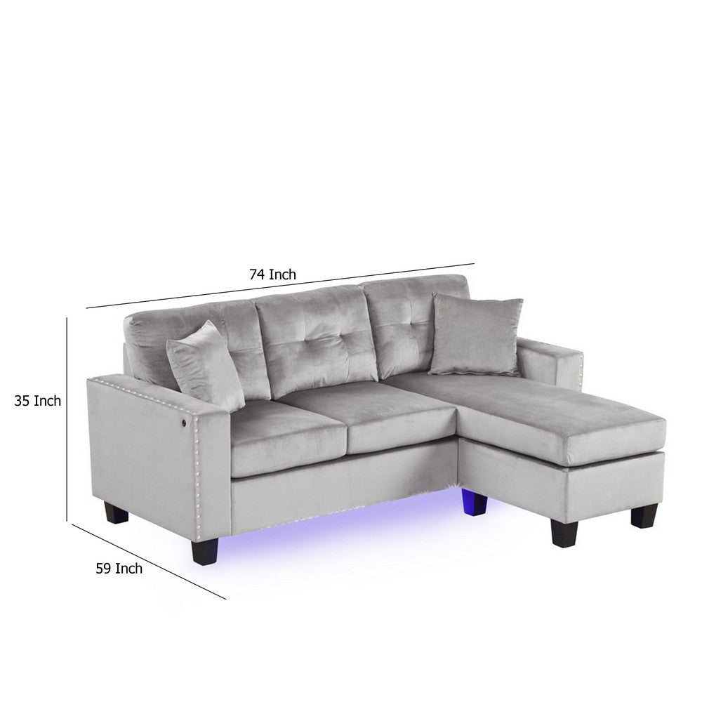 Renza 74’’ Reversible Sectional Sofa w Chaise | LED | USB | Gray Velvet BM334770