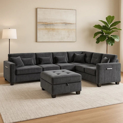 Reyna Sectional Sofa w Ottoman | Adjustable Back| Gray Chenille | 115"