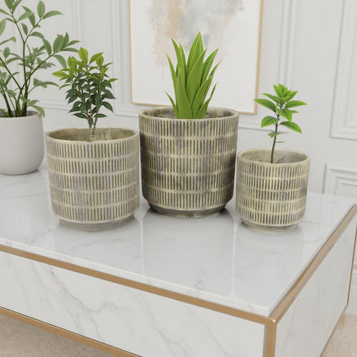 Zeri 3pc Planter Set | Ribbed Grooved Gray Terracotta | 8,10,12"