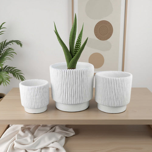 Zeri 3pc Planter Set | Ribbed Grooved White Terracotta | 8,10,12"