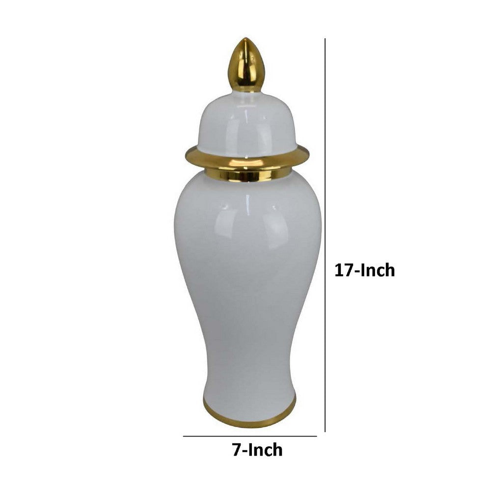 Risy Covered Jar | 17’’ | Gold Finial | White Curved Ceramic Base BM334810