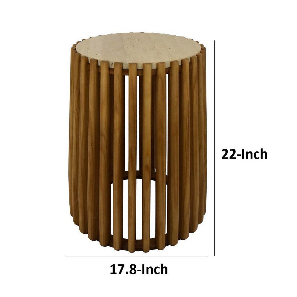 Gexy Side End Table | 18’’ Marble Top | Slatted Drum Base | Brown BM334845
