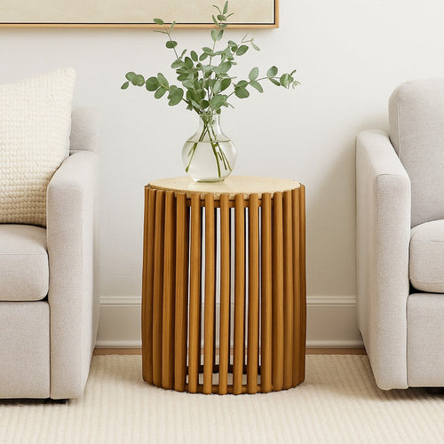 Gexy Side End Table | 18" Marble Top | Slatted Drum Base | Brown