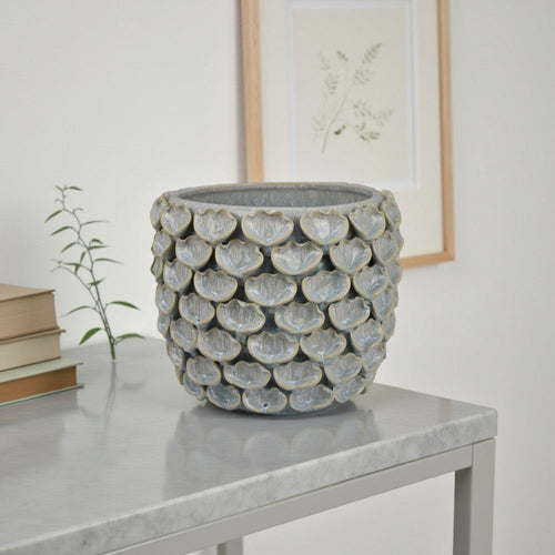 Decorative Textured Planter | Seashell Style 12" Gray Ceramic Body