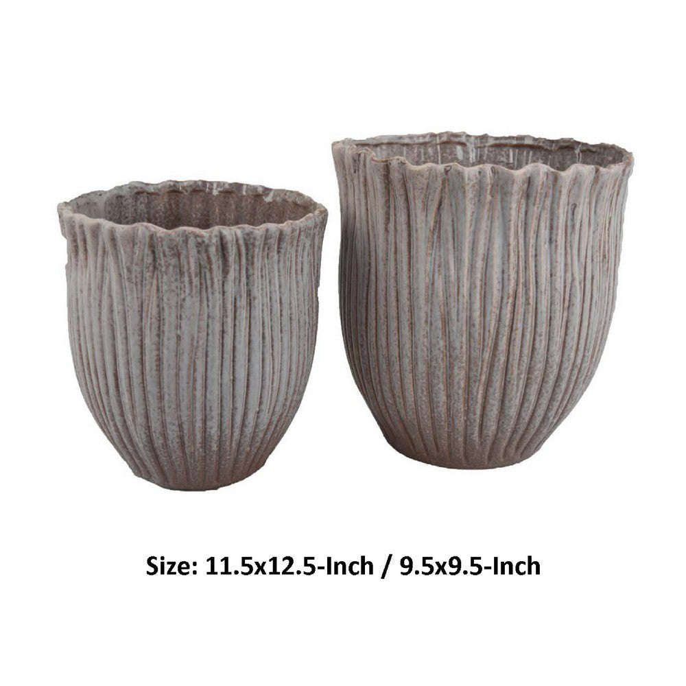 Decorative Planter Set of 2 | Ribbed Texture Gray Ceramic Body BM334872