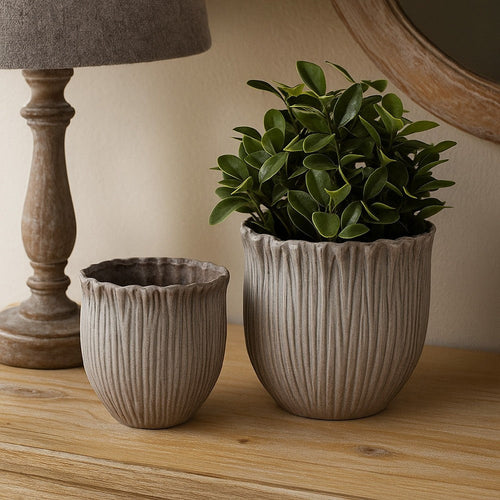 Decorative Planter Set of 2 | Ribbed Texture Gray Ceramic Body