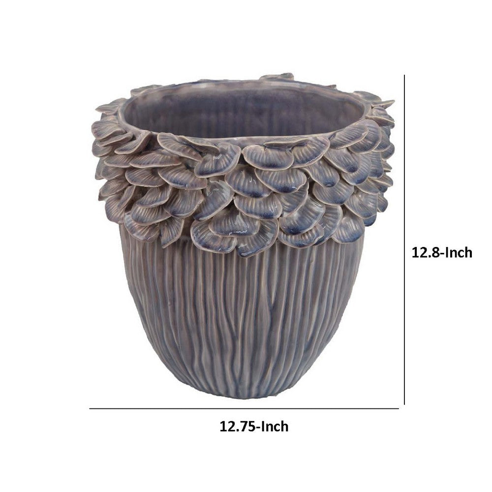 Decorative Planter | 13’’ Ribbed Seashell Design | Purple Ceramic BM334889