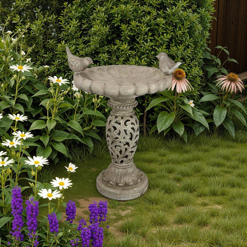 Niam Bird Bath Sculpture | 26" Antique Gray Resin | Scrolled Details