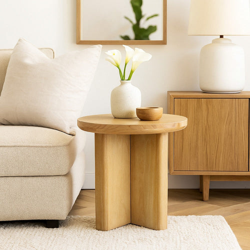 Round Side End Table | X Shaped Paneled Legs | 24" Brown Wood