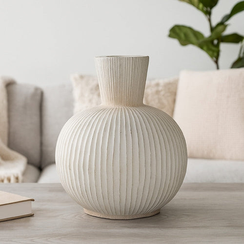 Gany Decorative Vase | Spherical Bottom | 15" Weathered White Resin
