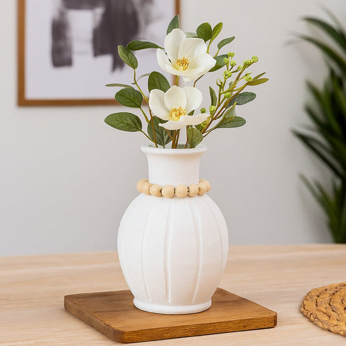 Nehu Decorative Vase | Beaded Neck Details | 15" White Resin