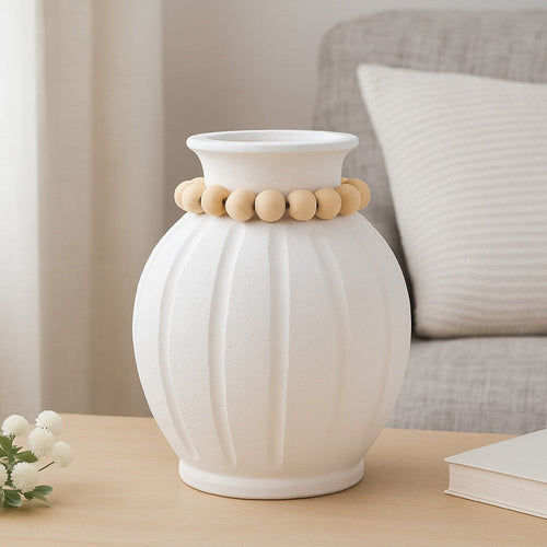 Nehu Decorative Vase | Beaded Neck Details | 16" White Resin