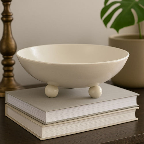 15" Decorative Bowl for Accessories | Off White Ceramic | 3 Feet