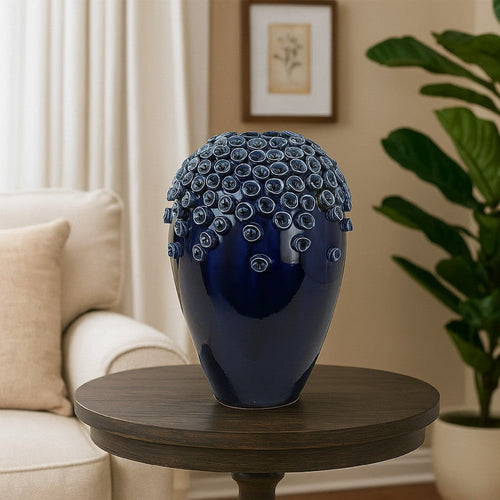 Decorative Vase | Glossy Deep Blue Ceramic | Coral Design | 15"