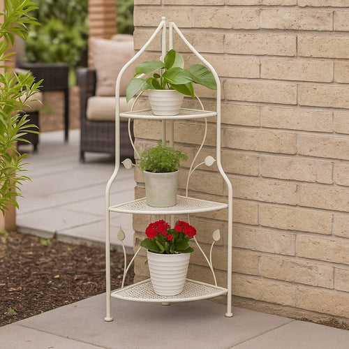 3 Tier Corner Plant Stand Shelves | Classical White Metal | 36"