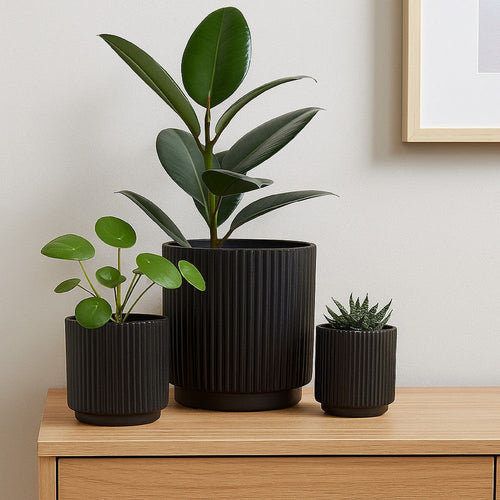 Elly Round Planter Set of 3 | Ribbed Texture Black Resin | 16 |12 |9 "