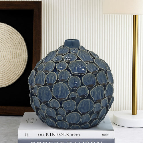 Remus Accent Vase with Raised Pebble Pattern | Glazed Blue Ceramic