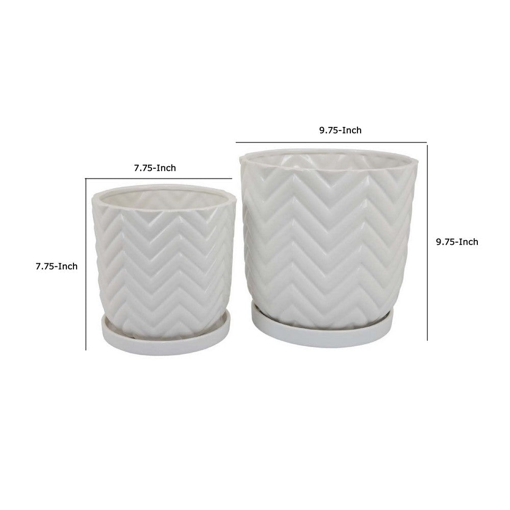 Camie Planter Set of 2 | Saucers | Chevron Wave Pattern White Ceramic BM335057